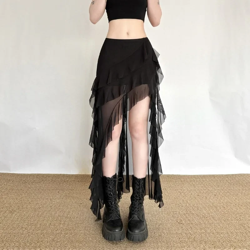 IMU Aesthetic Cyber Punk Gothic Mesh Skirt Women Y2k E-girl Streetwear Harajuku Irregular Patchwork High Waist Skirt Female