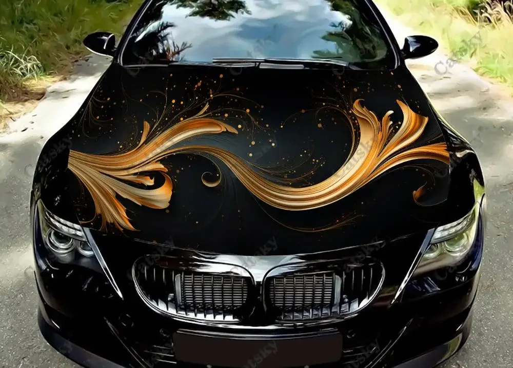 Golden Splashes Swirls Car Hood Vinyl Stickers Wrap Vinyl Film Engine Cover Decals Sticker Universal Car Hood Protective Film