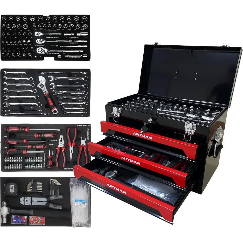 

Tool Set, Mechanic Tool Set for Home, Tool Box Set 4-Tier Socket Wrench Ratchet Plier Nails, Home Set Mechanics Kit