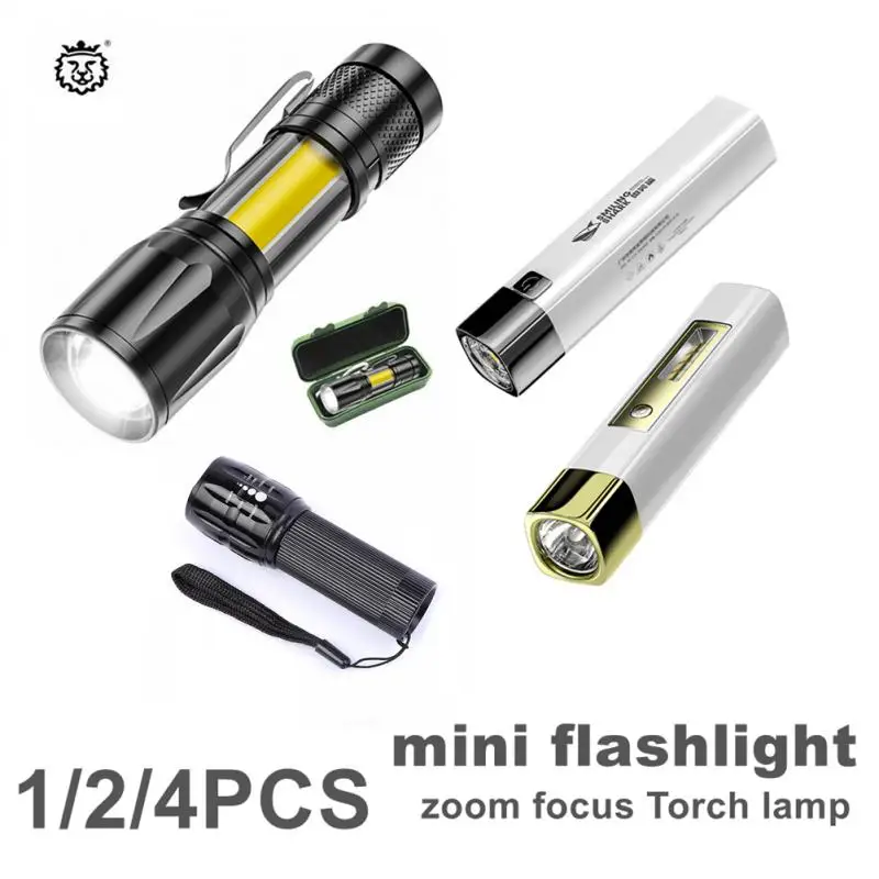 1/2/4PCS Mini Portable Q5 LED Flashlight Built In Battery Zoom COB Lamp USB Charging Adjustable Penlight Outdoor Lantern