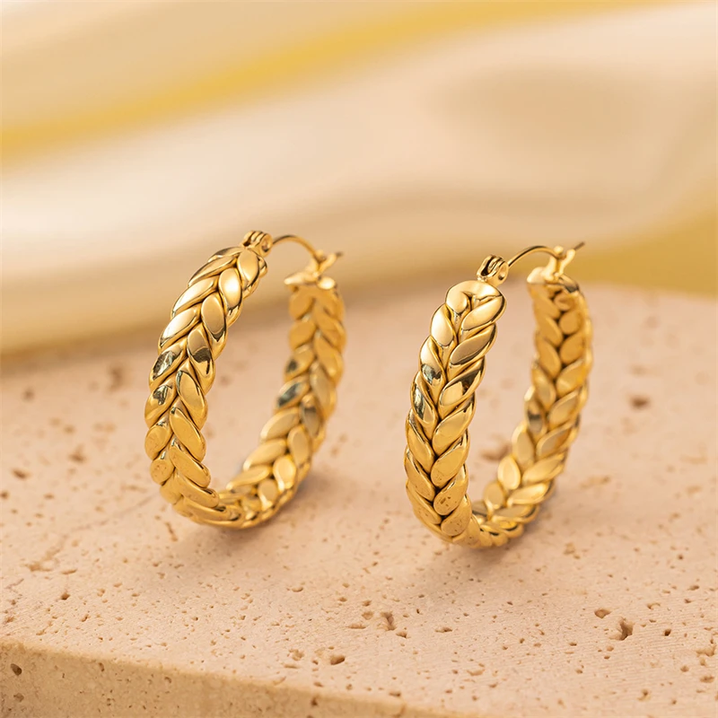 Acciaio inossidabile 316L New Fashion Fine Jewelry diametro 3cm Round Circle Weaving orecchini a cerchio a forma di grano intrecciati per le donne