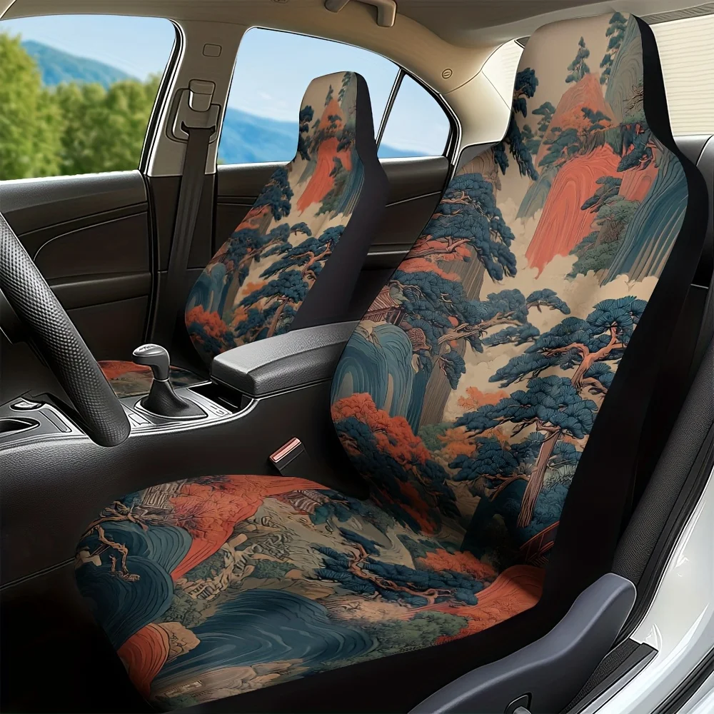 Set Of 2, Stylish Ukiyo Design Front Protectors, Sturdy And Collapsible, Fits Most Sedan And SUV Front Seats, Perfect For Everyd
