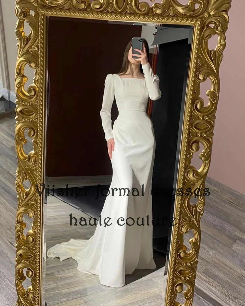 Vestidos de novia de sirena de satén marfil para novia, manga larga, cuello cuadrado, vestido de novia con tren, vestidos de boda Civil simples