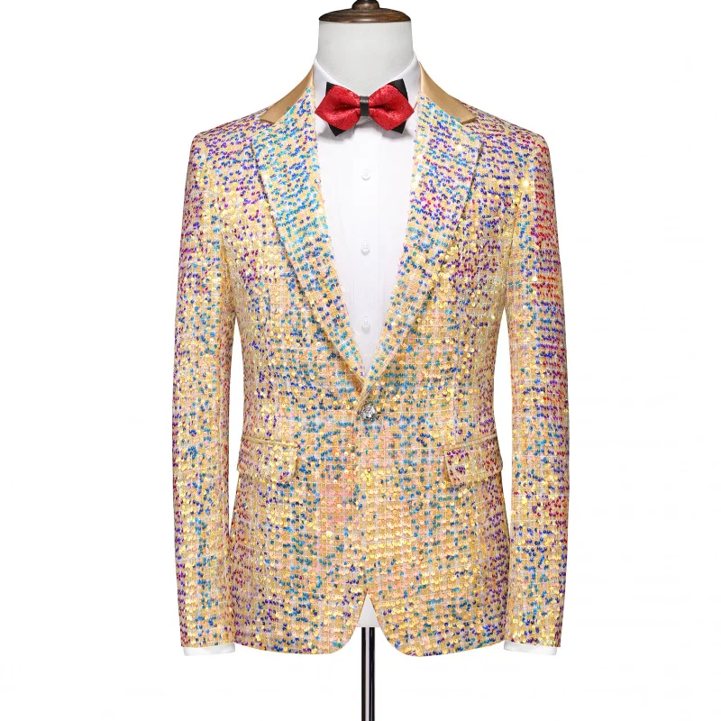 

Новый мужской пиджак для торжественных мероприятий, блестящий, для выступлений на сцене, костюм ведущего, высокое качество, модный городской стиль, с длинными рукавами, на пуговицах