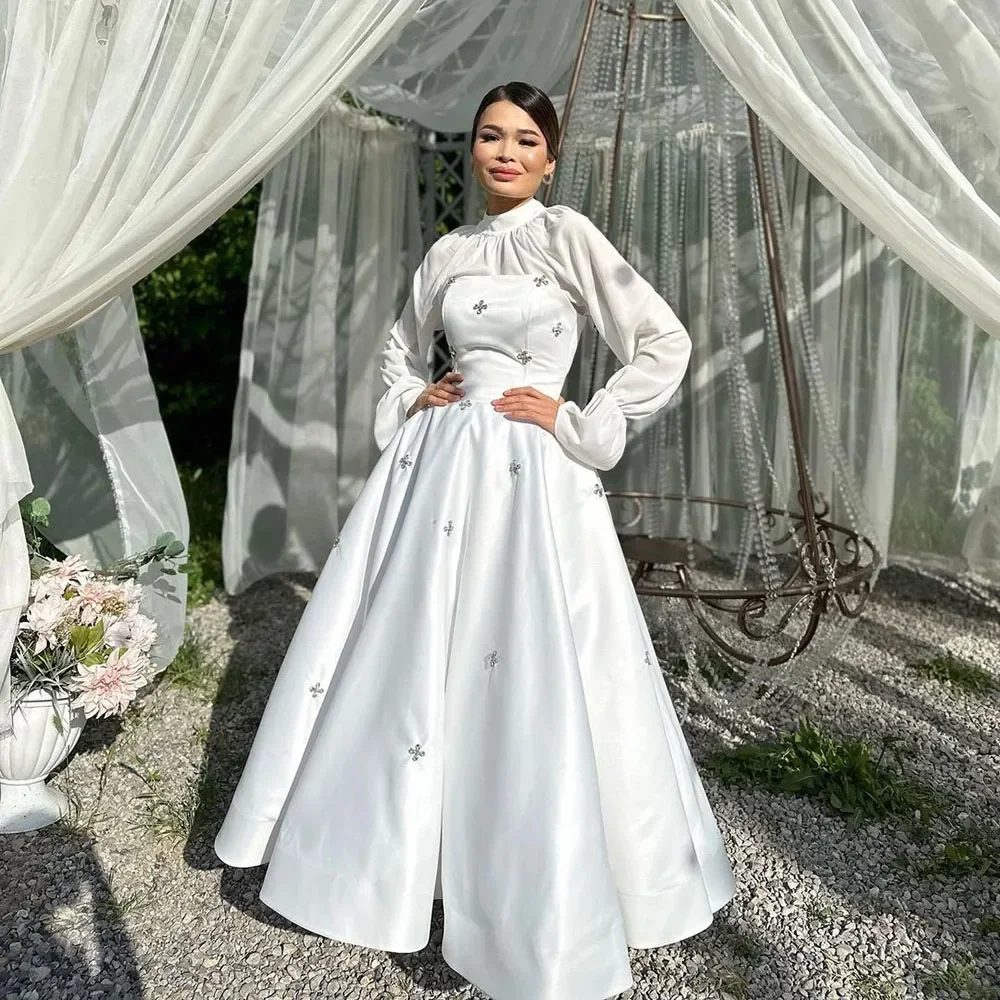 Customized Elegant Vintage Muslim Weding Dresses High Neck A Line Wedding Gowns Long Flare Sleeves Crystal Bride Dress Brides Pa