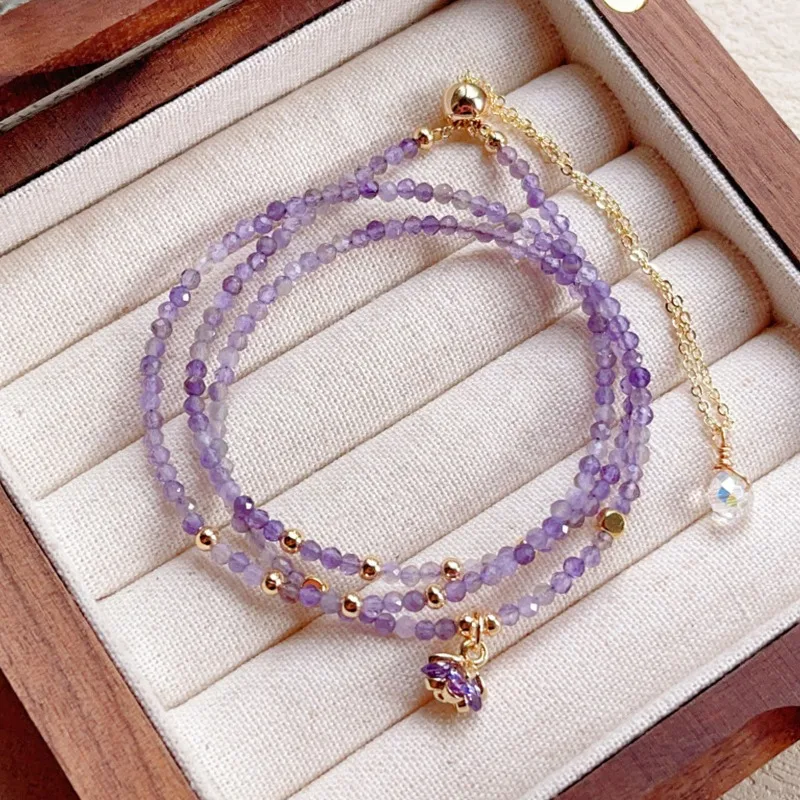 Chinese Style 14k Gold-Plated Natural Faceted Amethyst Multi-Layer Three-Wrap Bracelet Hand String Can Be Worn As A Or Necklace.