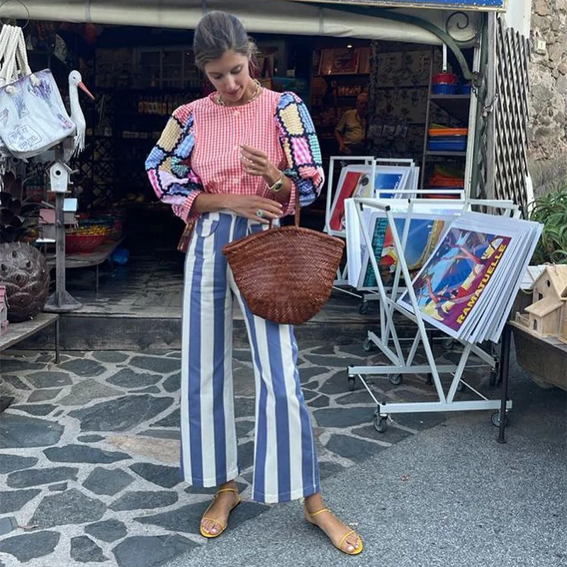 Casual Stripe Contrast Women's Pants Loose Zipper Button Pocket Wide Leg Female Pant 2026 Spring Summer Lady All-match Trousers