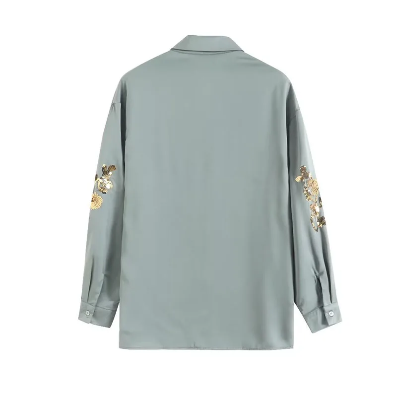 Solid Color2024Women\'s New Fashion Sequin Satin Blouse Vintage Lapel Long Sleeve Ladies Tops sequined shirt