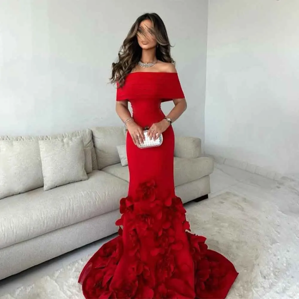 

High Quality Customized Floor Length Off Shoulder Flowers A-line Sweep Train Vestidos Para Bodas Mujer Invitada Robe De Soirée