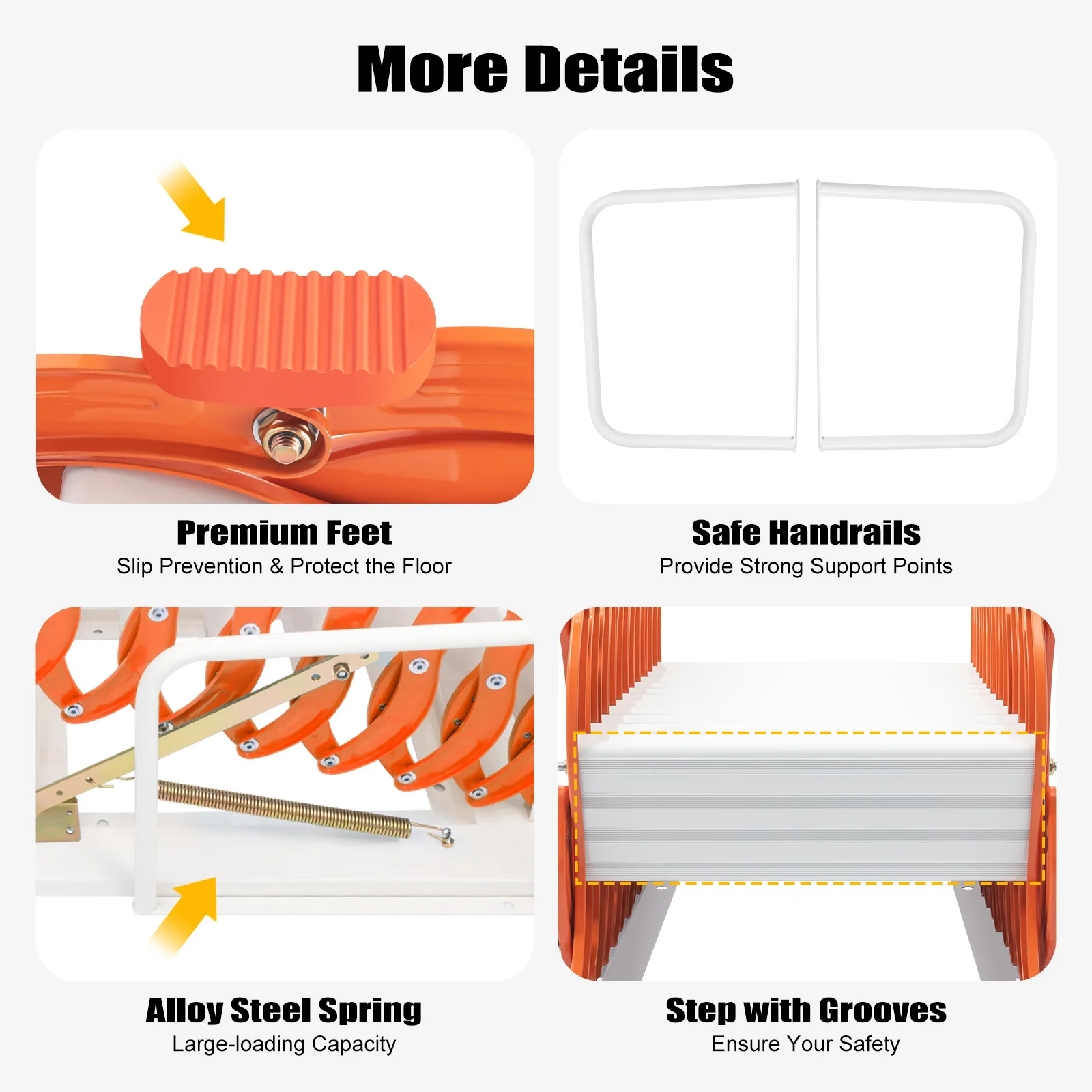 Orange White Folding Attic Ladder 12 Steps 400kg Load Wall Mounted Retractable Loft Ladder for Home Garage Storage