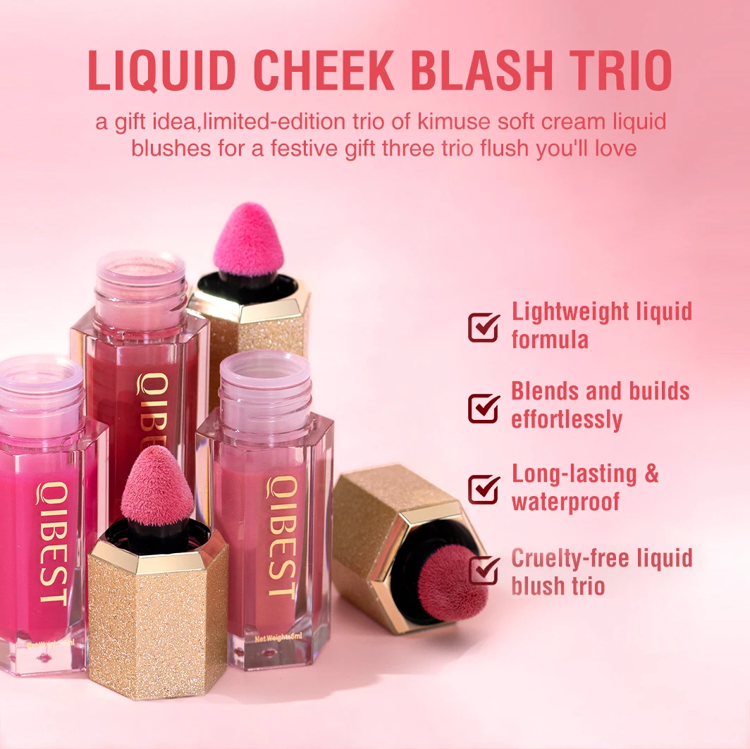 QIBEST Liquid Blush Cheek Tint Sponge Tip Soft Smooth Face Makeup Blusher Rouge Pigment Waterproof Long Lasting Creamy Cosmetic