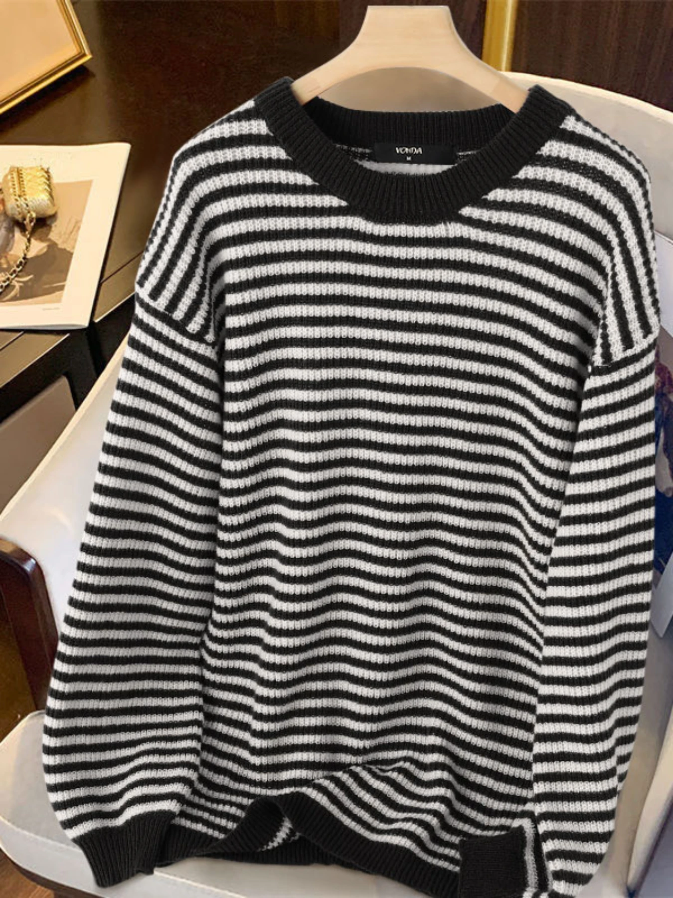 Women Striped Pullovers Autumn Round Neck Off Shoulder VONDA Long Puff Sleeve Knitted Sweater  Casual Solid Fashion Jumpers