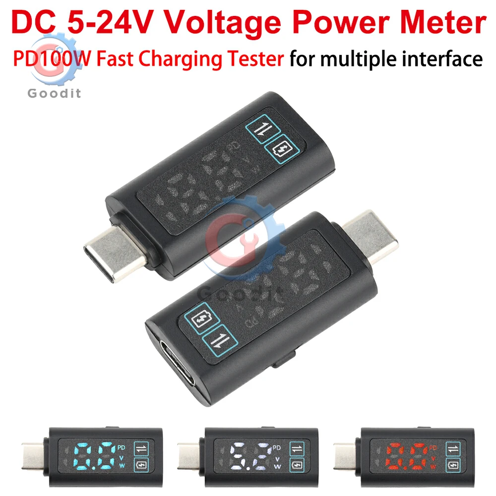 DC 12V 2A Voltmeter Power Meter Digital Conversion Head PD100W Fast Charging Adapter USB Type-C Connector Data Transmitter