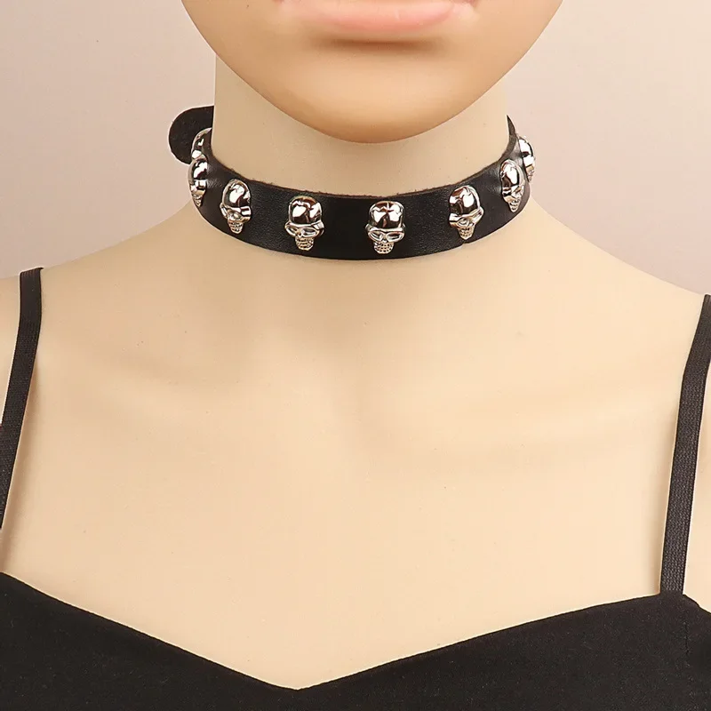 Harajuku Punk Gothic Individuality Skull PU Leather Choker Street  Rock and roll Collarbone chain  Pendant