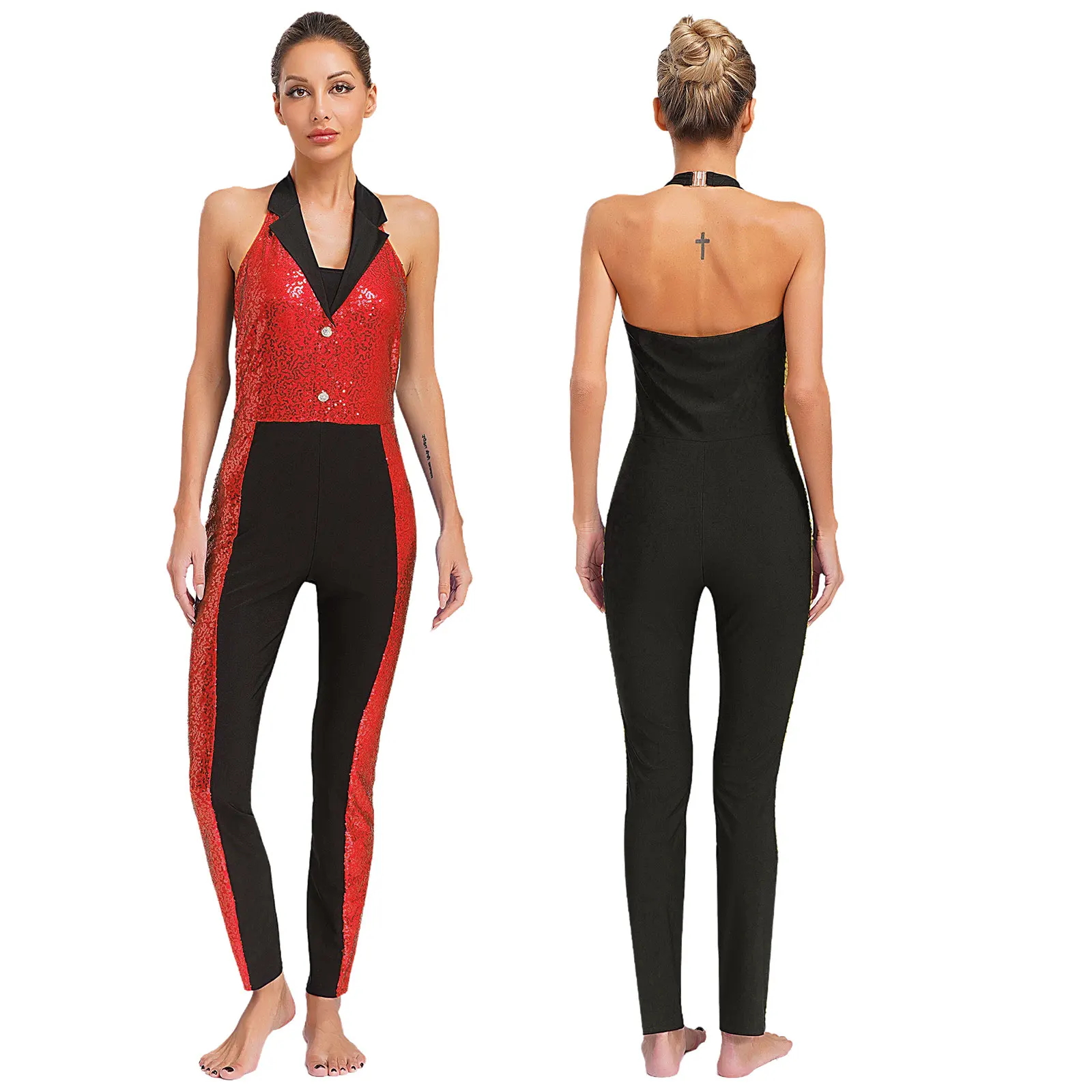 여성 라틴 재즈 댄스 레오타드 피겨 스케이팅 체조 아크로바틱 의상 홀터 슬리브리스 백리스 반짝이 시퀸 점프수트