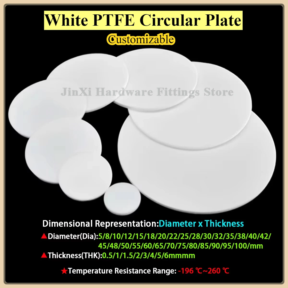 

White PTFE Circular Plate Block Polytetrafluoroethylene Sheet Gasket Anti-Corrosion Machining Materials Thk0.5-6mm Dia5-100mm