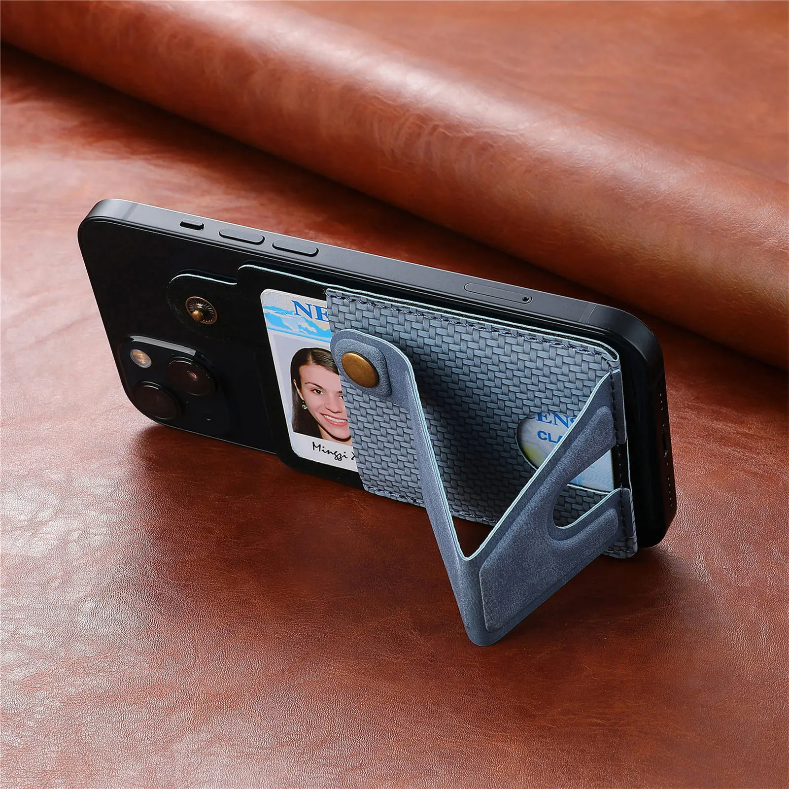 Custodia multifunzionale per scheda con staffa magnetica con cinturino magnetico per borsa per carte del telefono cellulare con copertura per carte in pelle PU in gomma da 3M