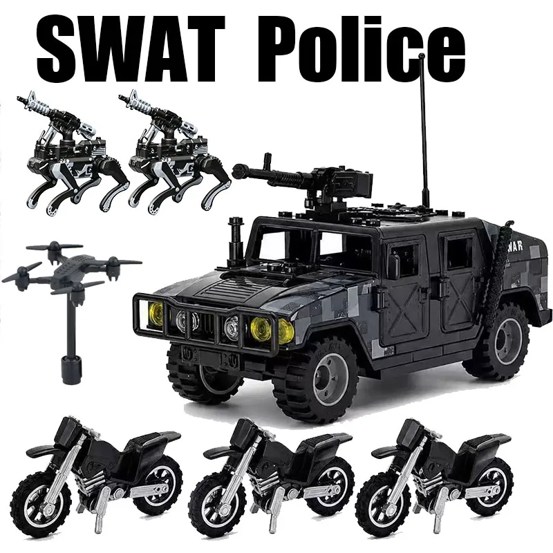 

Military SWAT Vehicle Model Set Humvee Armored Car Robot Dog Drone Motorcycle Simulation Diecast Toy For Boys Kids Gift