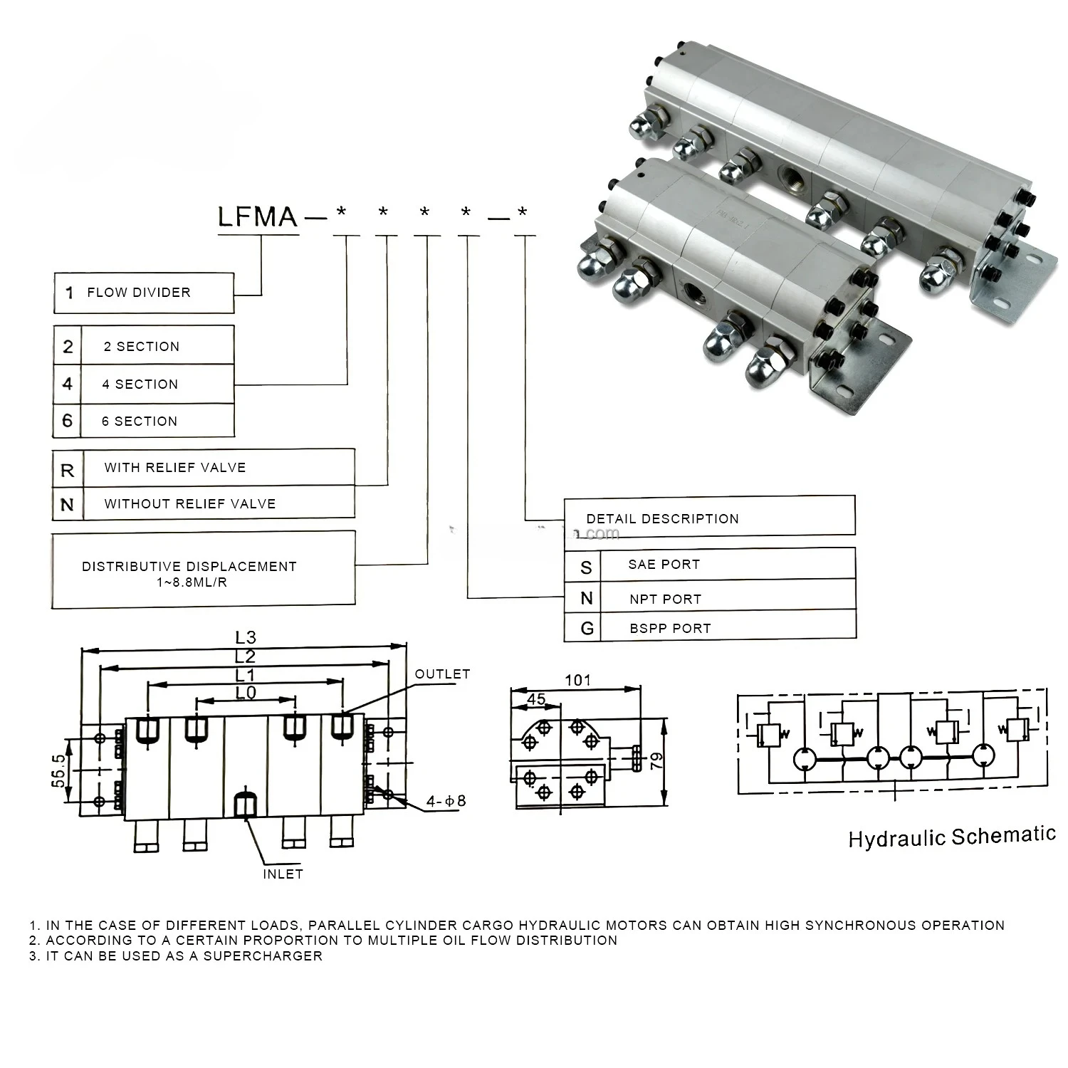 for 1.7-7 GPM 16.5cc/Rev Flow Range Per Section 2 3 6 Way G3/8 Geared Hydraulic Flow Divider