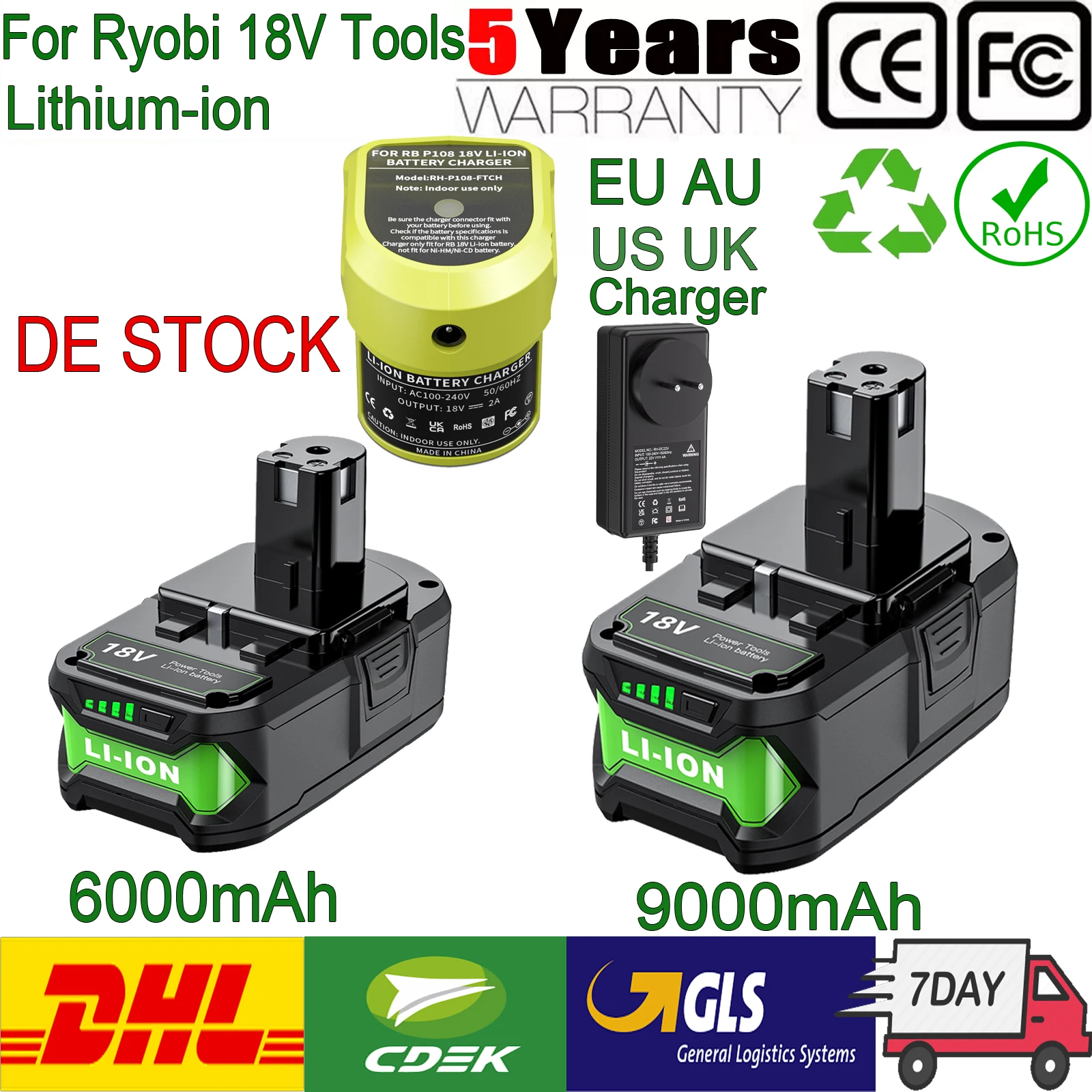 For Ryobi Battery 18V One Plus Tools Replacement For Ryobi 18V Lithium-ion Battery 6000mAh/ 9000mAh For Ryobi P108 P109 P106