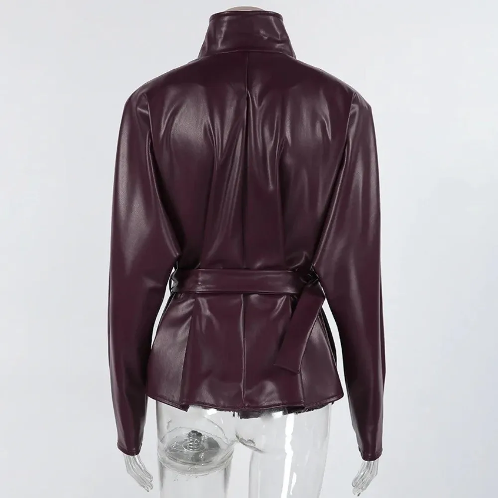 Vintage Leather Jacket Garment Stand Collar Mid Length Cut Women Fashion Top Cool Street Style Tie Waist Frame Moto Outer Coat