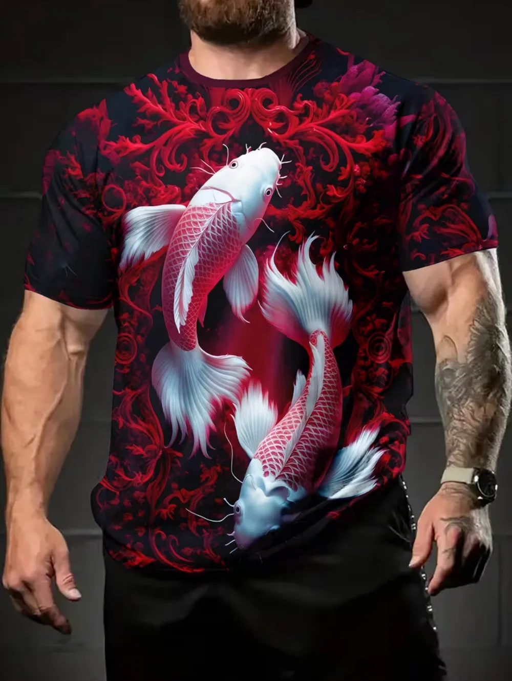Herren-T-Shirt mit 3D-Druck, Koi-Muster, glückliches Kurzarm-Top, Sommer, Harajuku, lässig, minimalistischer Stil, Neujahrs-Herrenbekleidung – Detail 7