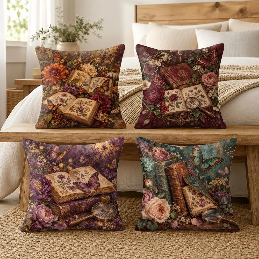 Butterfly And Book Floral Cushion Cover Soft Short Plush Pillow Cases Hidden Zipper Cutecore Sofa Bedroom Home Decor Gift