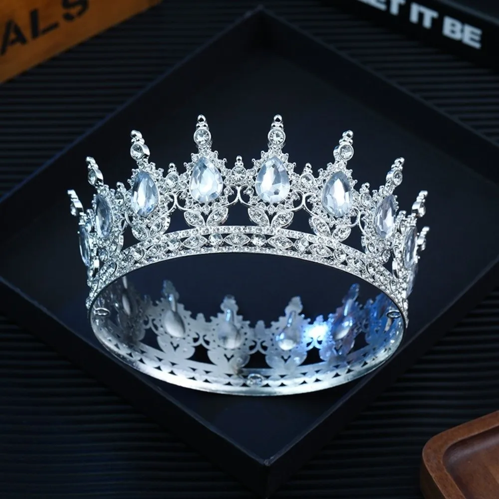 Formal Elegant Rhinestone Wedding Crown Sparkling Vintage Bridal Tiara Round Shape Baroque Crystal Headpieces Royal Occasion
