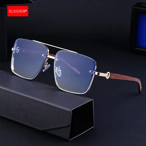 KLASSNUM Sunglasses men Rimless Cut Edge Square Sun Glasses Wood Grain Legs Eyewear Shades Women Double Beam Eyeglasses UV400