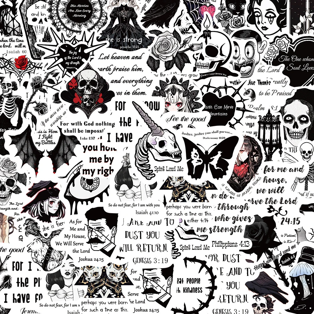 10/30/50pcs Black White Gothic Horror Skull Stickers Creatives Bible Sticker Waterproof Notebook Wall Bike Laptop Graffiti Decal