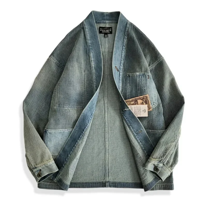 Amekaji Wear Clothes Men Blue Dyed Denim Robe Jacket Cardigan Coat Retro Washed Distressed