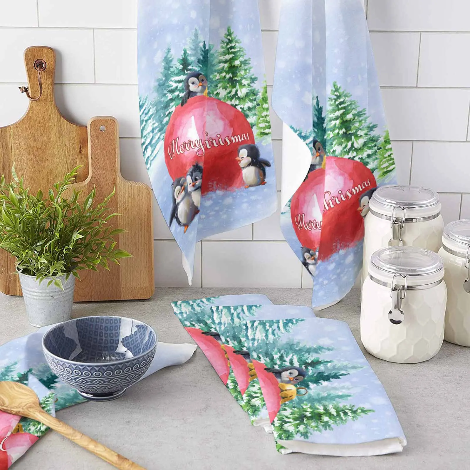 Christmas Forest Lantern Penguin Cartoon Printed Tea Hand Towel Kitchen Dishcloth Water Absorption Household Cleaning Cloth