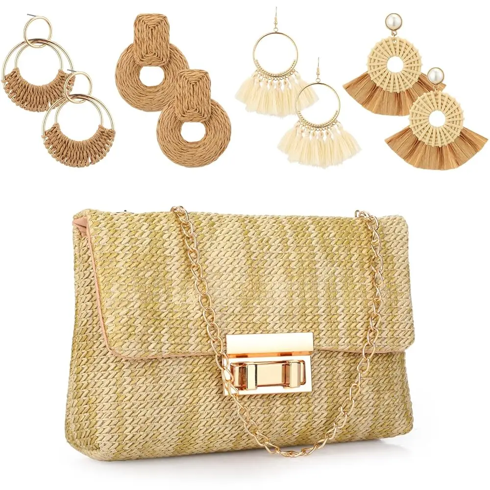 

5 Pack Striped Straw Clutch Purse Crossbody Vacation Handbag Woven Rattan Dangle Earrings for Women (Beige,Square Buckle)