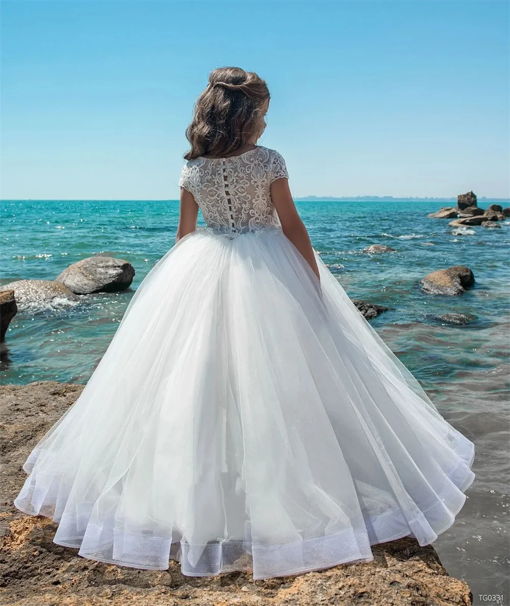 O-Ausschnitt Blumen mädchen Kleid für Hochzeit Prinzessin Mädchen Festzug Kleid weiße Spitze Applikationen lange Ärmel boden lange Kinder Vestidos