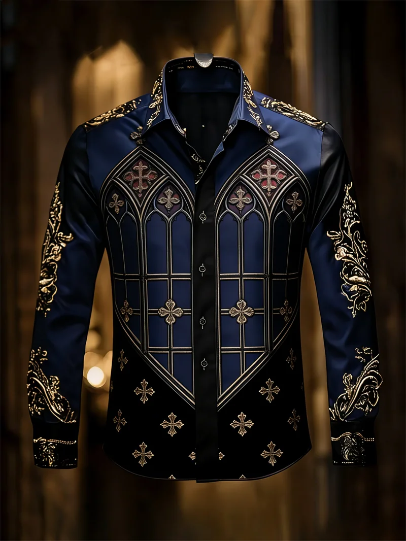New Khaki Black Contrasting Gothic Church Cross Print Men's Long Sleeved Shirt With Collar And Personalized Shirt