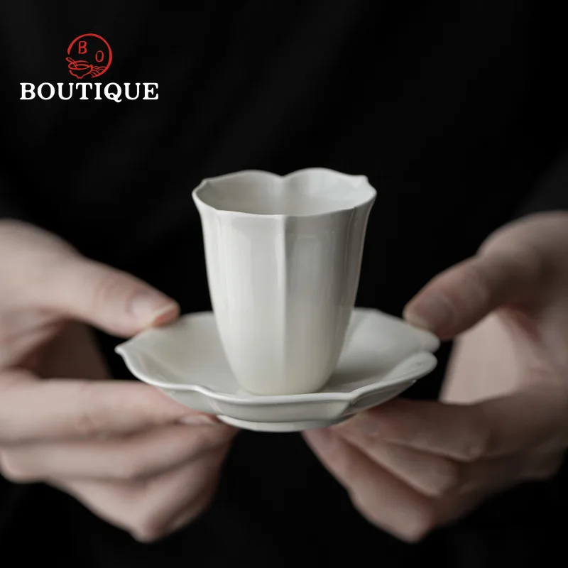Grass Ash Handmade Petal Tea Cup Ceramic Cup For Tea Kung Fu Tea Set Tea Cups Home White Cup Small Master Smelling Unusual Cup
