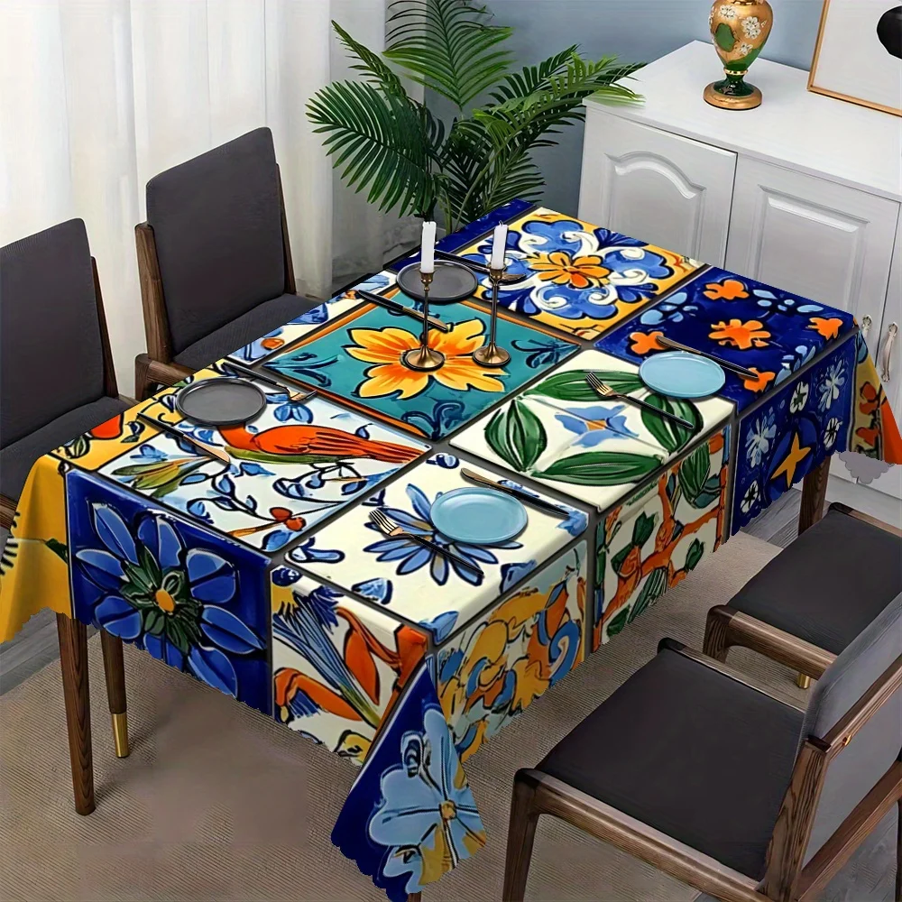 Mediterranean Tile Floral Parrot Print Tablecloth, Waterproof Oilproof Wipeable Cover For Restaurant Kitchen Cafe Table Decor