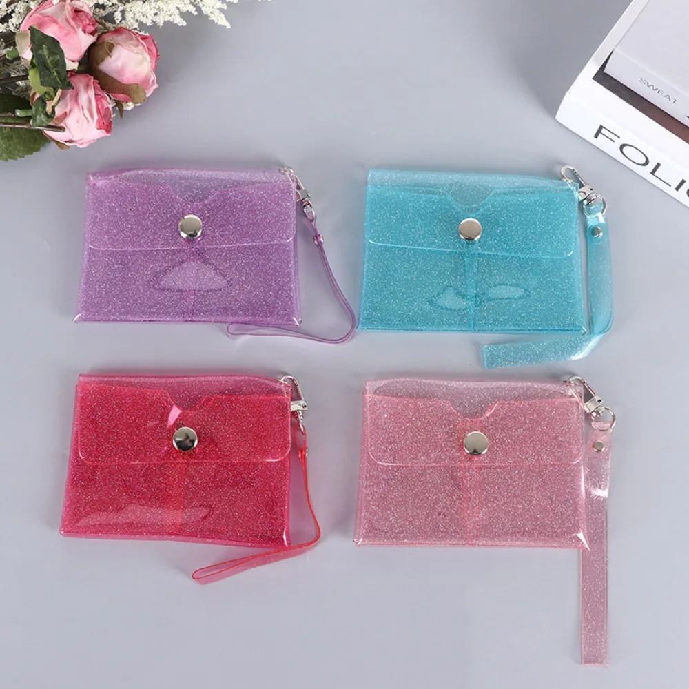 Portable PVC Coin Purse Double-layer Colorful Lipstick Storage Bag Transparent with Wrist Strap Key Card Holder