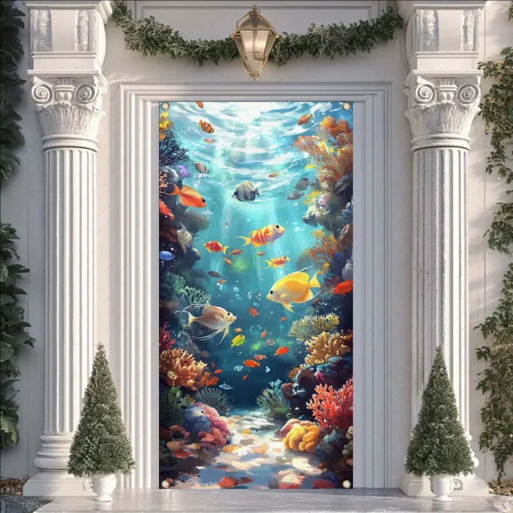Ocean Underwater World Backdrop Seabed Shark Jellyfish Fish Birthday Background Photo Studio Props Door Banner Shower Supplies