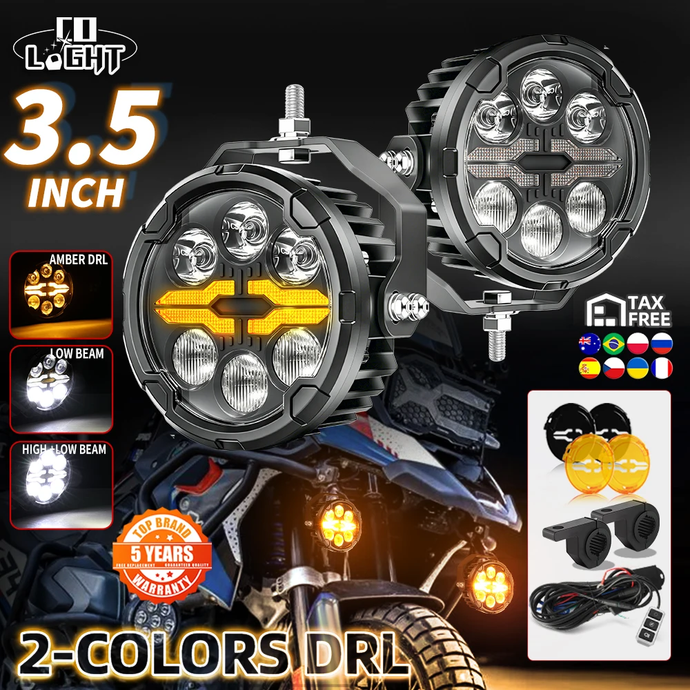 CO LIGHT Offroad-Nutzung 3,5 Zoll Zweifarbige Angel-Eye-Motorrad-LED-Nebelscheinwerfer Amber DRL Fern- und Abblendlicht Stroboskop-Lampen für Abenteuer-Rallye-Touring-Motorräder
