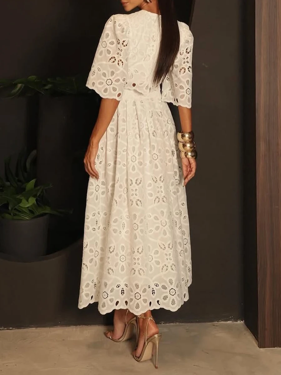 VGH Solid Elegant Two Piece Set for Women O Neck Half Sleeve Top High Waist Spliced Hollow Out A Line Skirt Outfit Female Summer