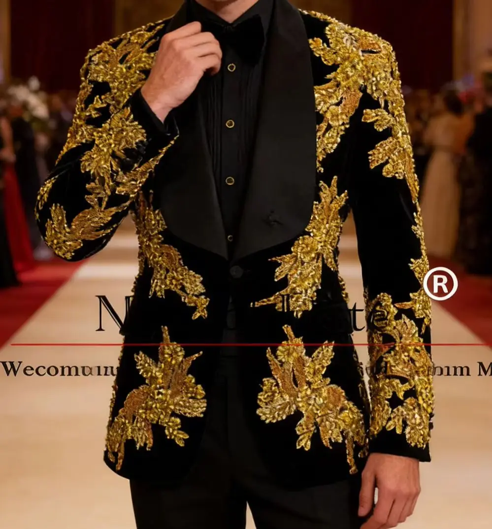 

Gold Embroidered Wedding Suits For Man 3 Pieces Sets Shawl Lapel Stone Prom Blazer Groom Tuxedos Customized Trajes De Hombre