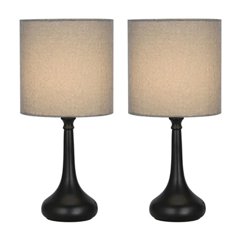 Lampes de table de chevet, base en métal noir moderne avec abat-jour en lin gris, petite lampe de bureau, lot de 2 pour le salon