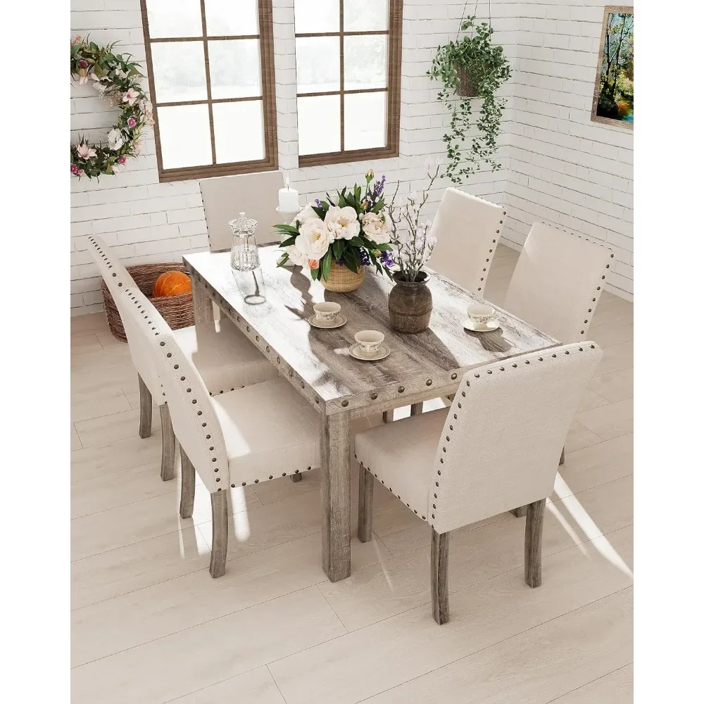 Morden 7 Piece Rustic Wooden Dining Set, Mid-Century Modern Table & Chair Set for Spacious Dining Rooms and Entertaining Guests