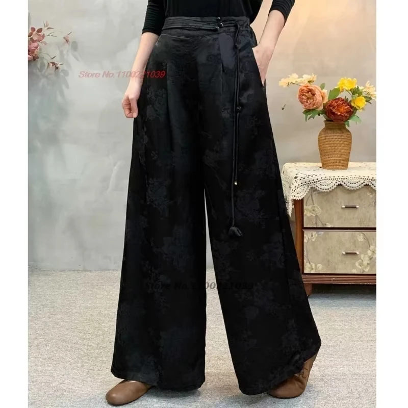 

2025 chinese vintage pants satin jacquard trousers traditional women ethnic folk pants retro elastic waist wide leg trousers
