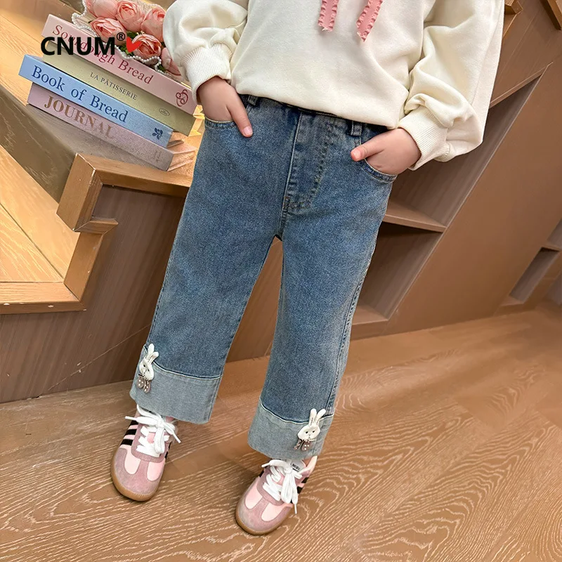 CNUM Children's Jeans 2026 New Stylish Little Girl Cute Cartoon Rolled Hem Trendy Wide-leg Pants Trendy Jeans