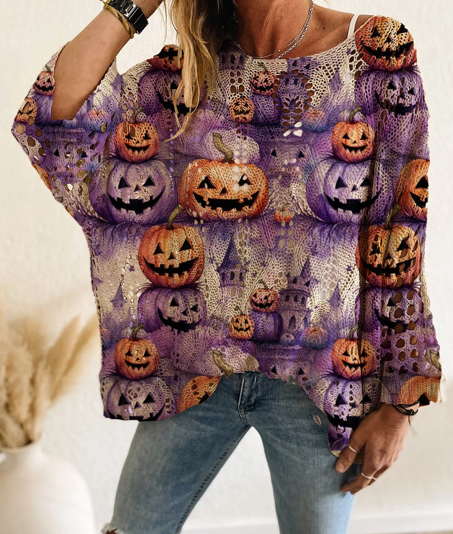 Women's Halloween Print Shirt Spring Autumn Long Sleeve Slash Neck Hollow Pumpkin Bat Casual Top Pullover