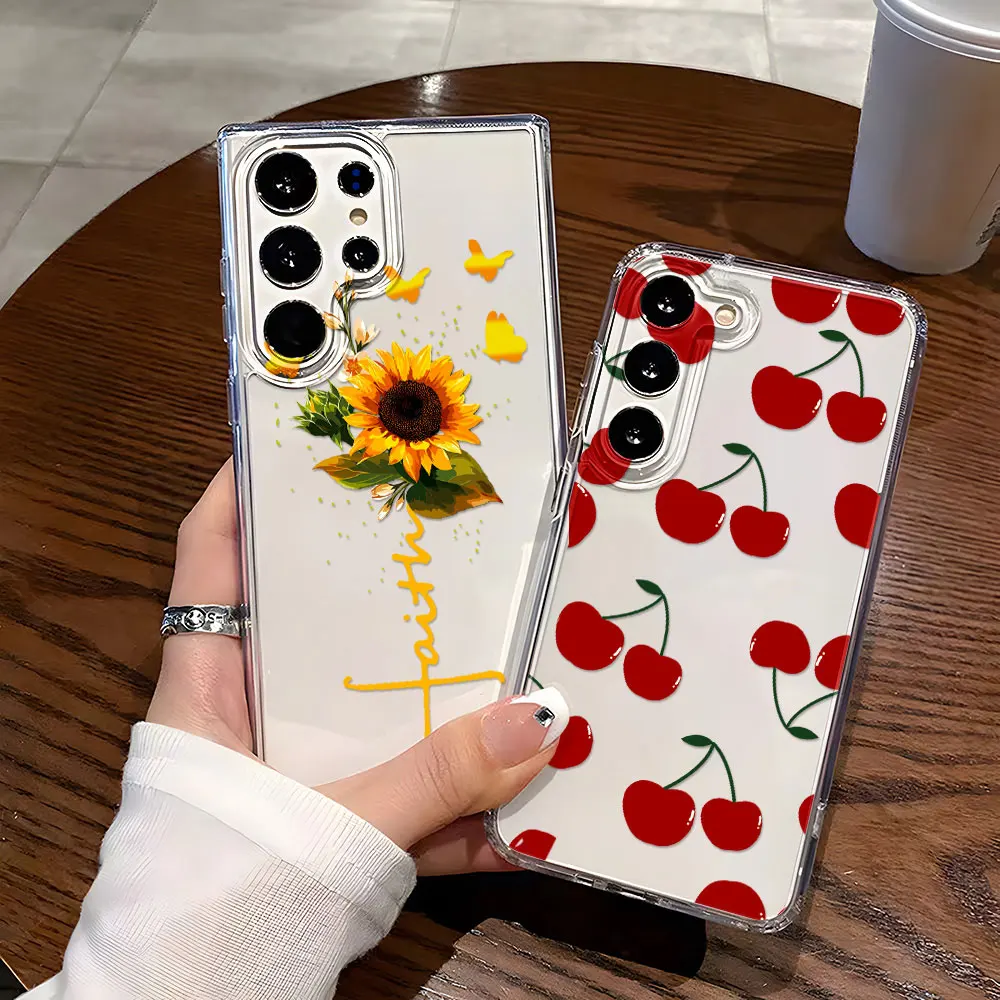 Stoßfest Telefon Fall Für Samsung Galaxy S25 Funda S24 Ultra S23 Plus S22 S2S S20 FE Transparent Weiche Silikon Kirsche Abdeckung coque