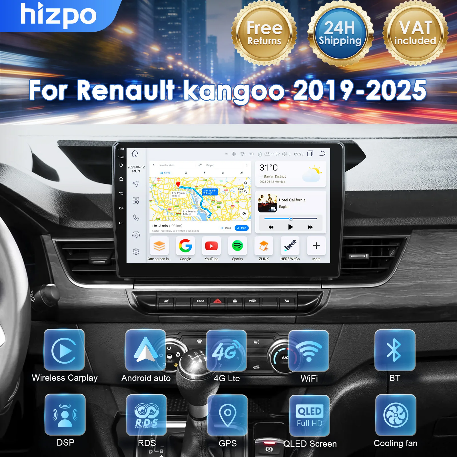Autoradio Hizpo 10.1 Pollici con Carplay per Renault Kangoo 2019-2025, Lettore Multimediale Video, Navigatore GPS, Stereo 2din, Android Auto, DSP, Unità Principale