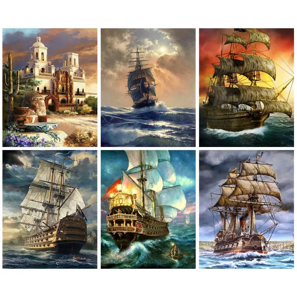 

CHENISTORY Diamond Paintings Sailing Boat At Sea Full Diamond Embroidery Mosaic Cross Stitch Needlework Home Decor